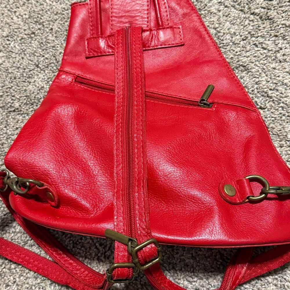 Vera Pelle Genuine Leather Backpack Purse Red Vintage Sling Bag Soft - Picture 6 of 7